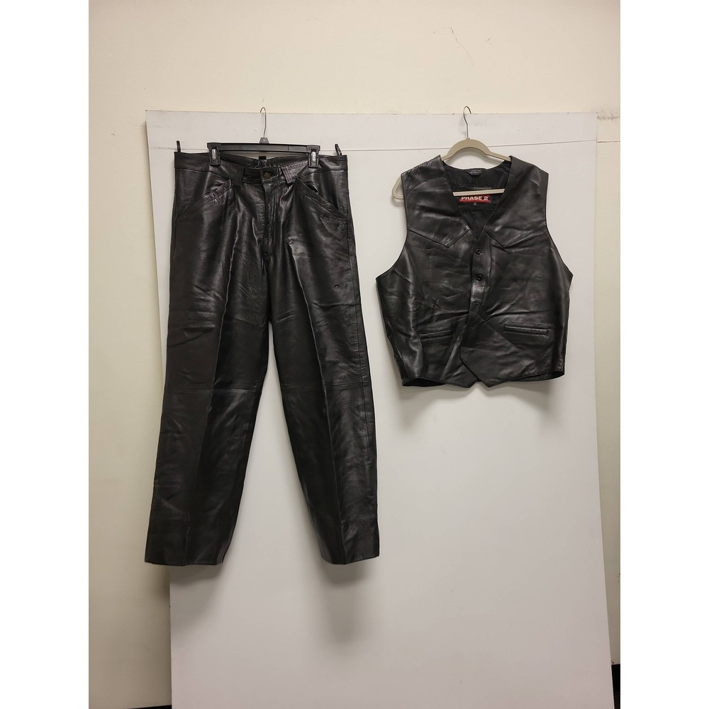 Phase 2 Country Field Leather Pants Vest Set Mens‎ Size 36 Black Trucker
